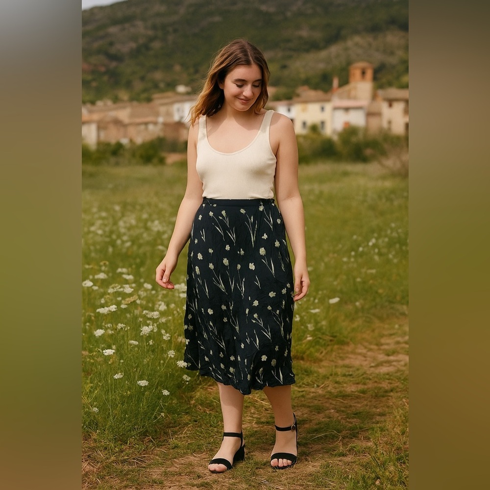 Vintage midi Floral Black Skirt medium